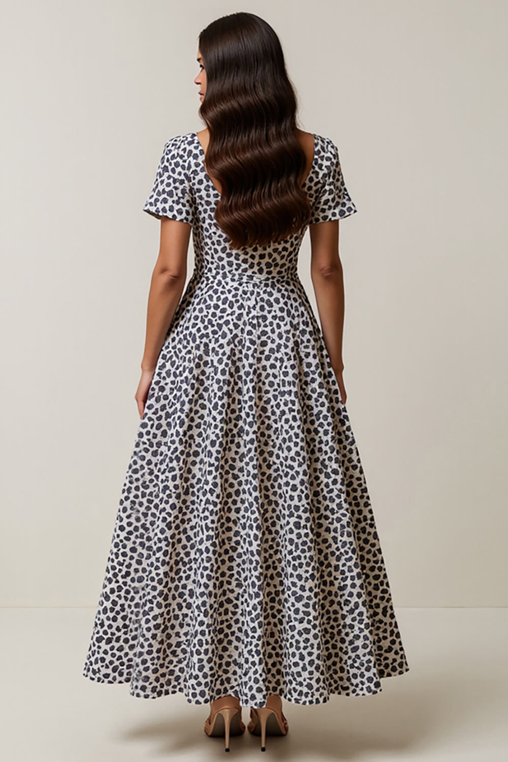 White and Blue A Line Leopard Printed Square Neck Long Work Dress