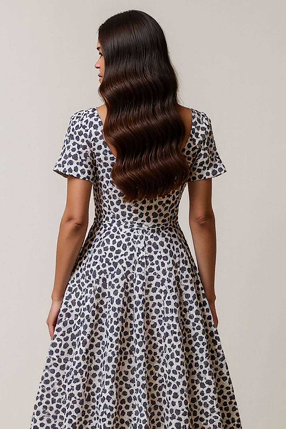 White and Blue A Line Leopard Printed Square Neck Long Work Dress
