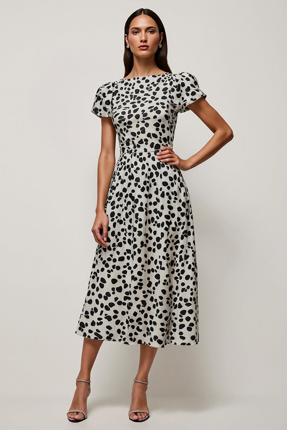 White Black Printed A Line Bateau Neck Long Work Dress