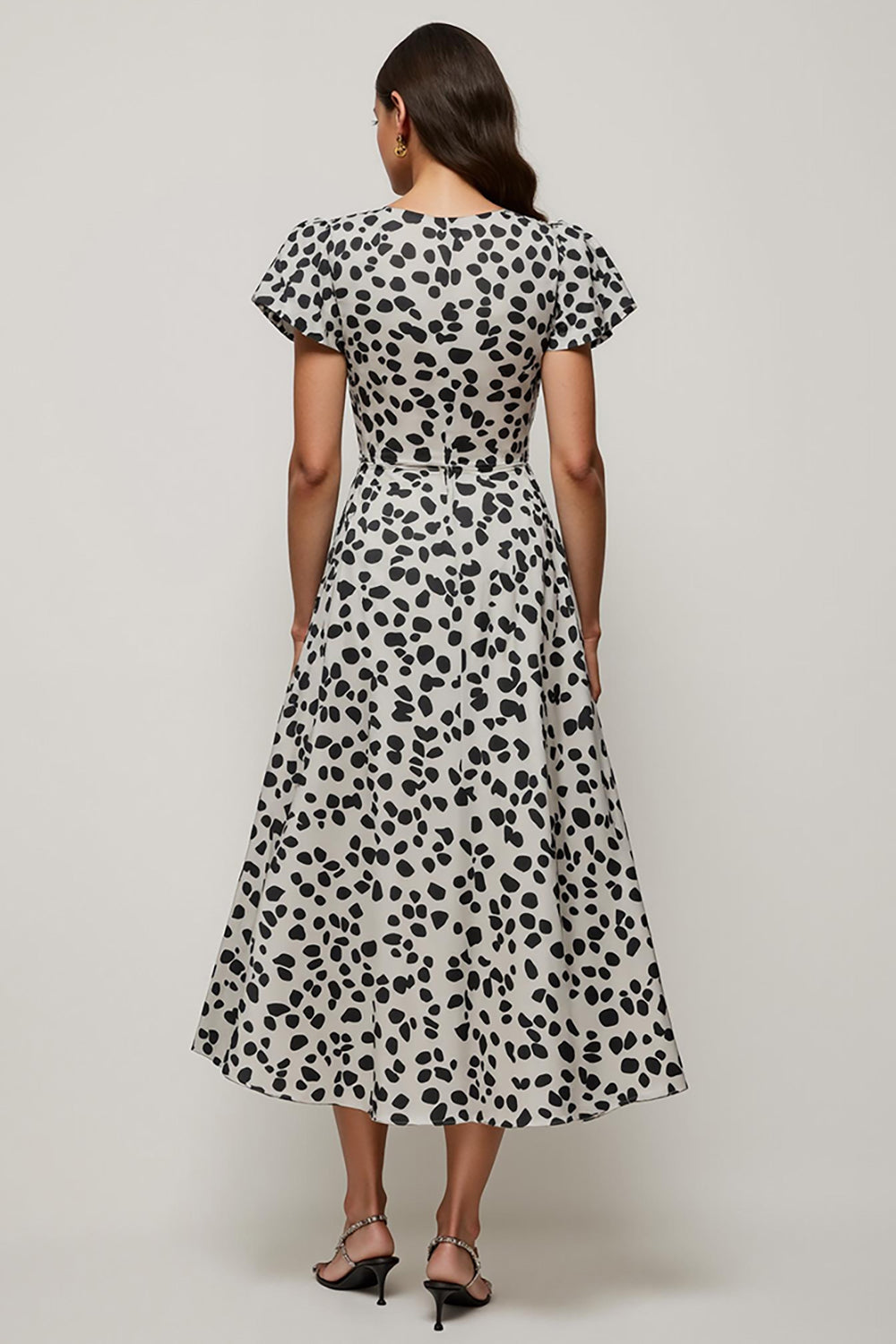 White Black Printed A Line Bateau Neck Long Work Dress