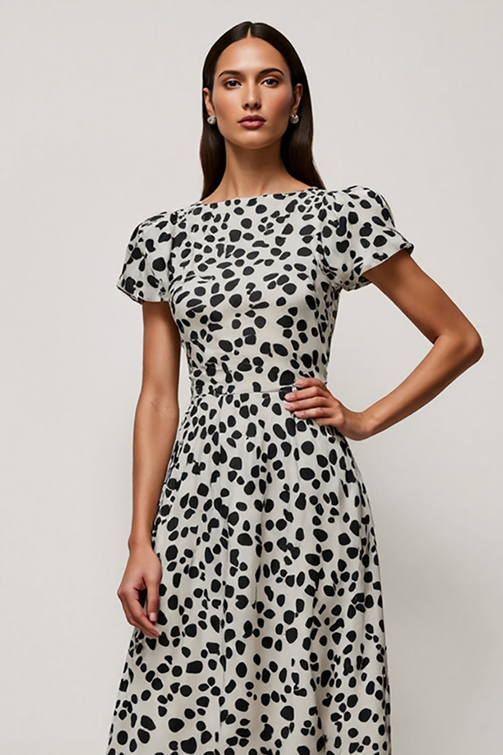 White Black Printed A Line Bateau Neck Long Work Dress