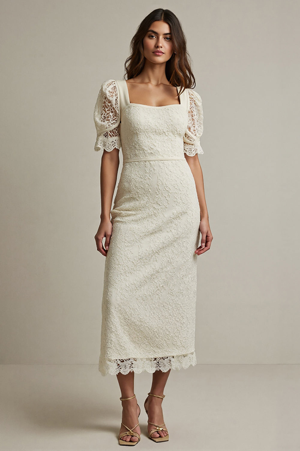 Apricot Sheath Lace Long Formal Dress with Short Sleeves