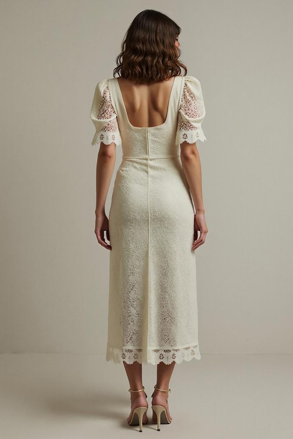 Apricot Sheath Lace Long Formal Dress with Short Sleeves