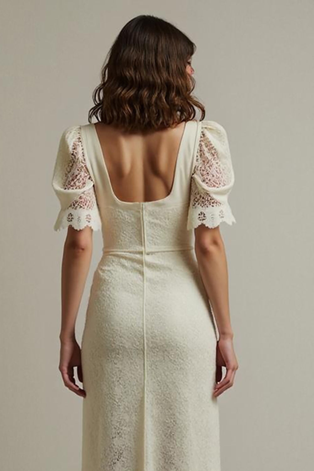 Apricot Sheath Lace Long Formal Dress with Short Sleeves
