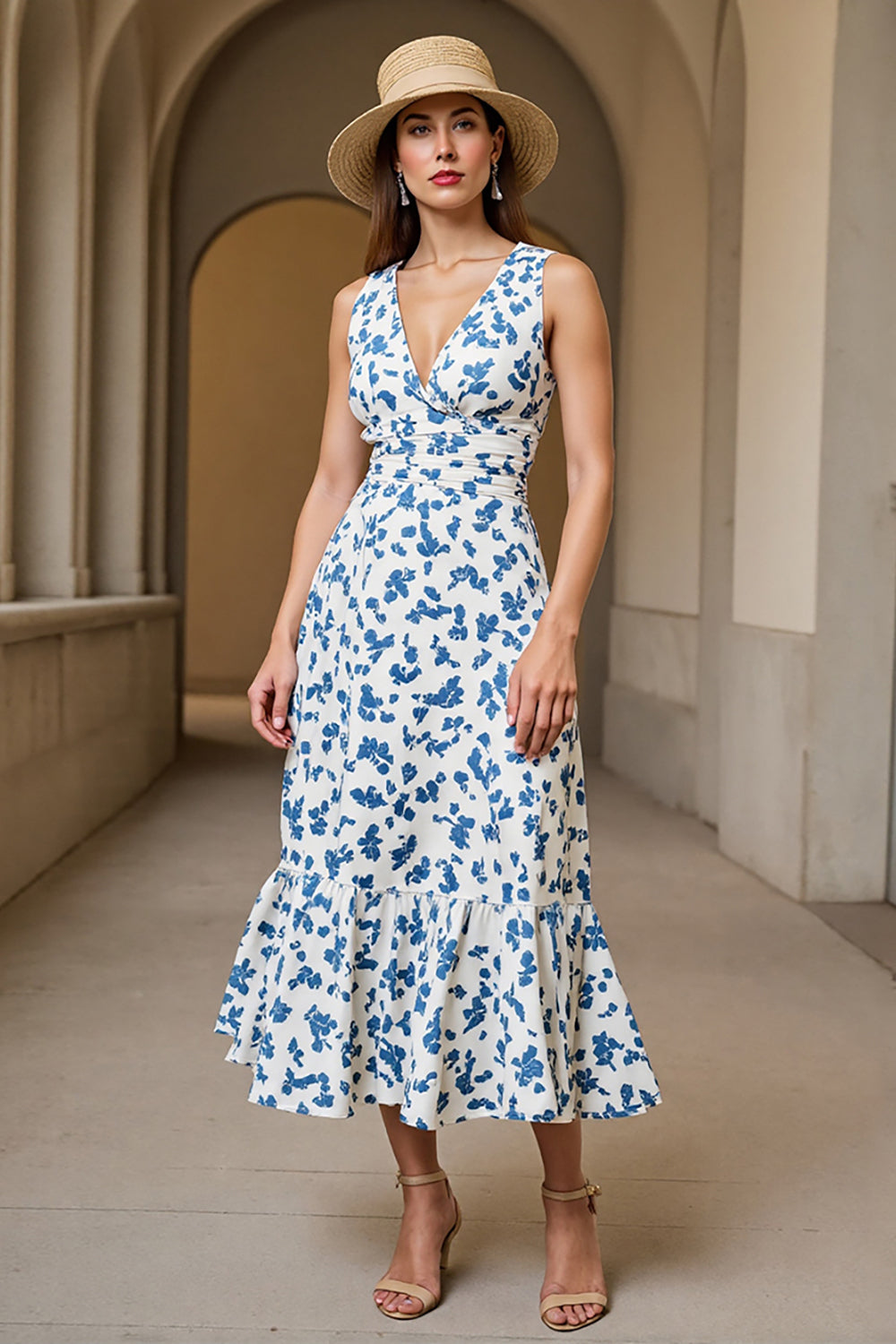 White Blue Printed A Line Long Summer Dress with Ruffles