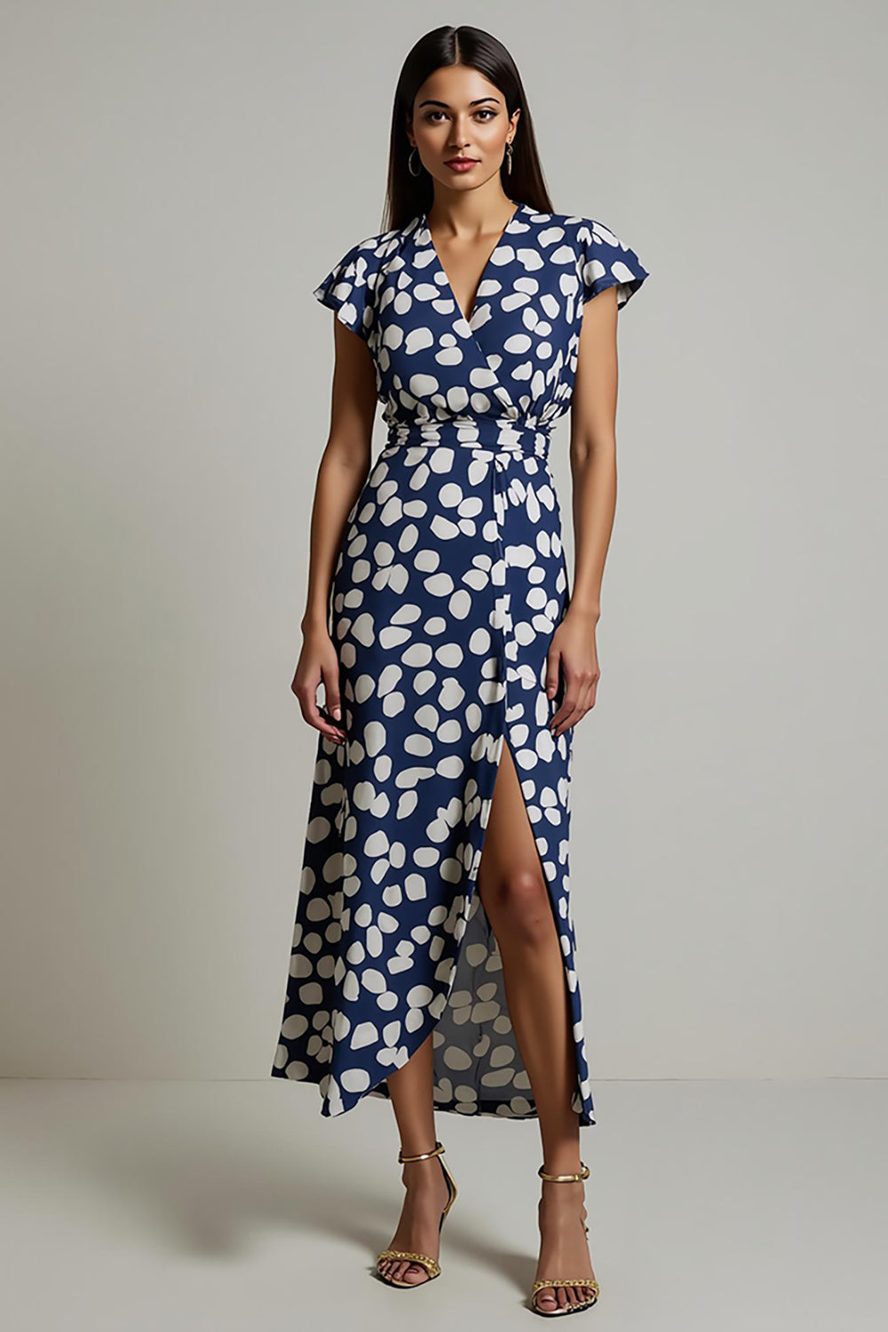White Black Leopard Printed A Line V-Neck Long Work Dress