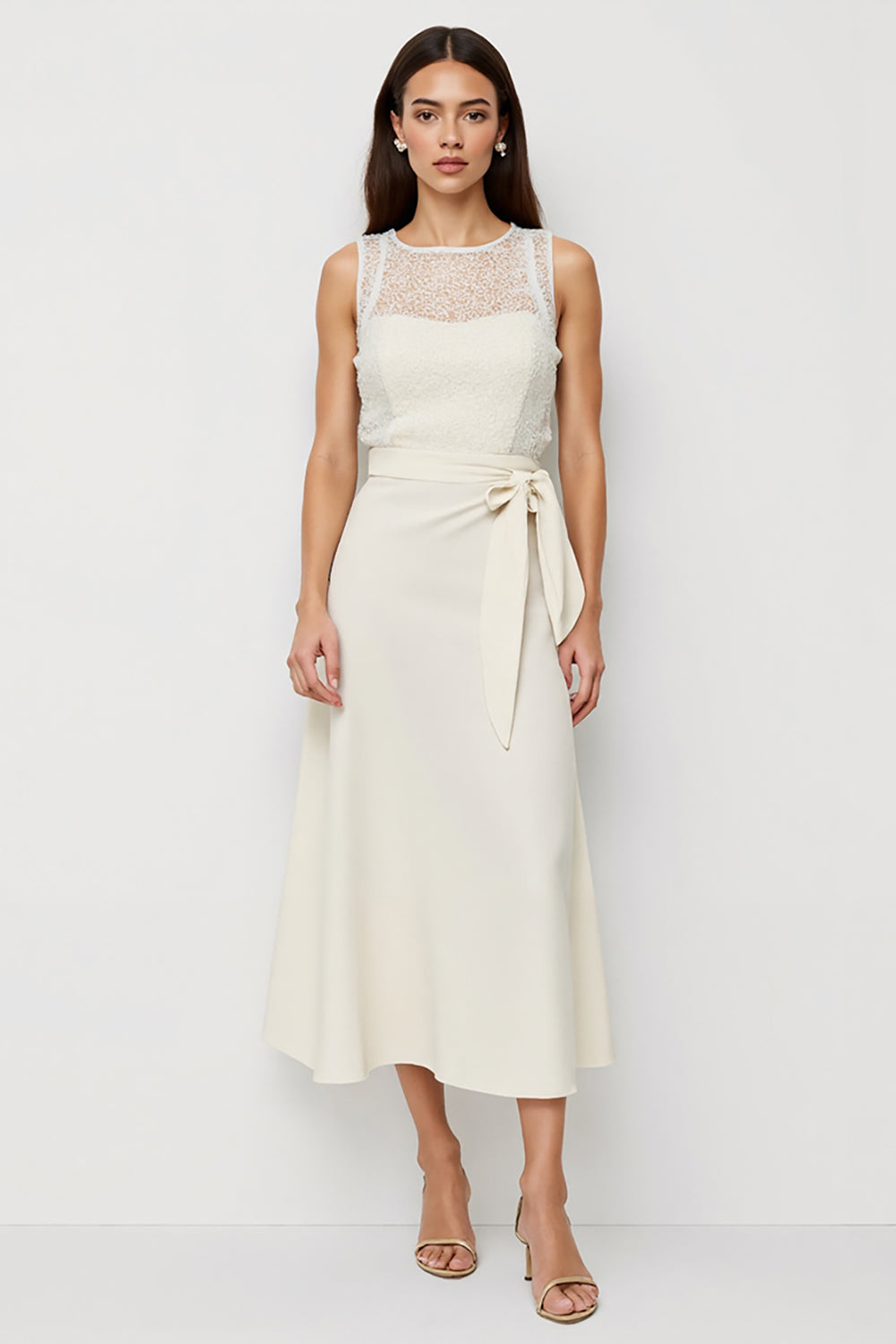White Round Neck Lace Sleeveless Work Dress with Bow