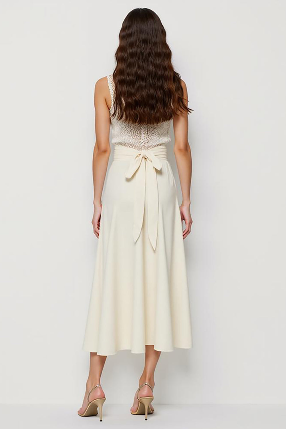 White Round Neck Lace Sleeveless Work Dress with Bow