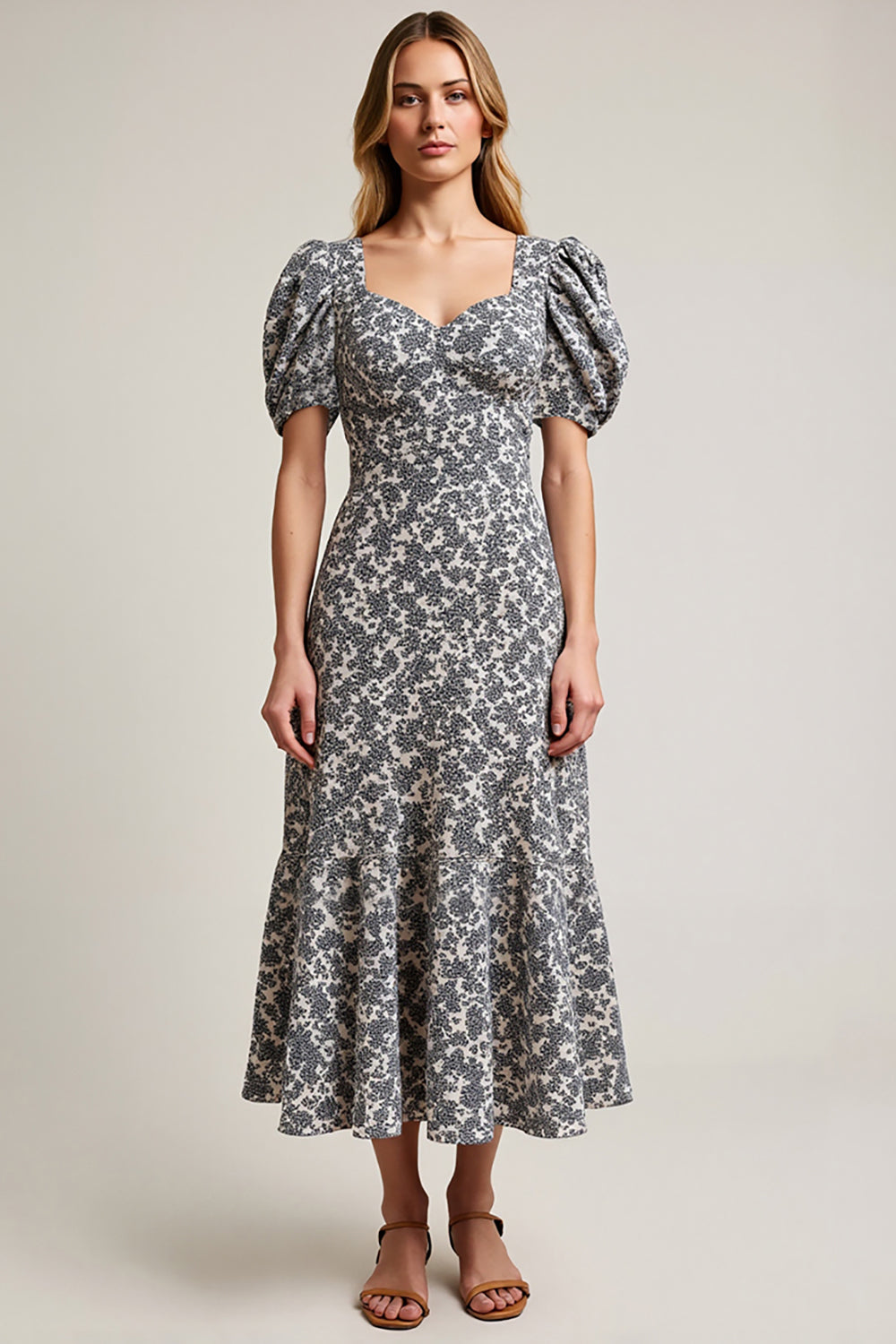 White Black Flower Printed A-Line Square Neck Work Dress with Puff Sleeves