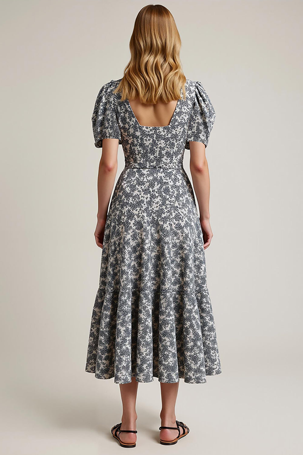 White Black Flower Printed A-Line Square Neck Work Dress with Puff Sleeves