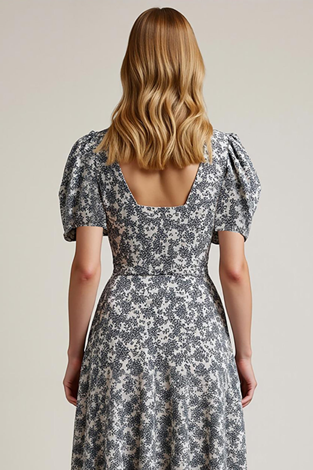 White Black Flower Printed A-Line Square Neck Work Dress with Puff Sleeves