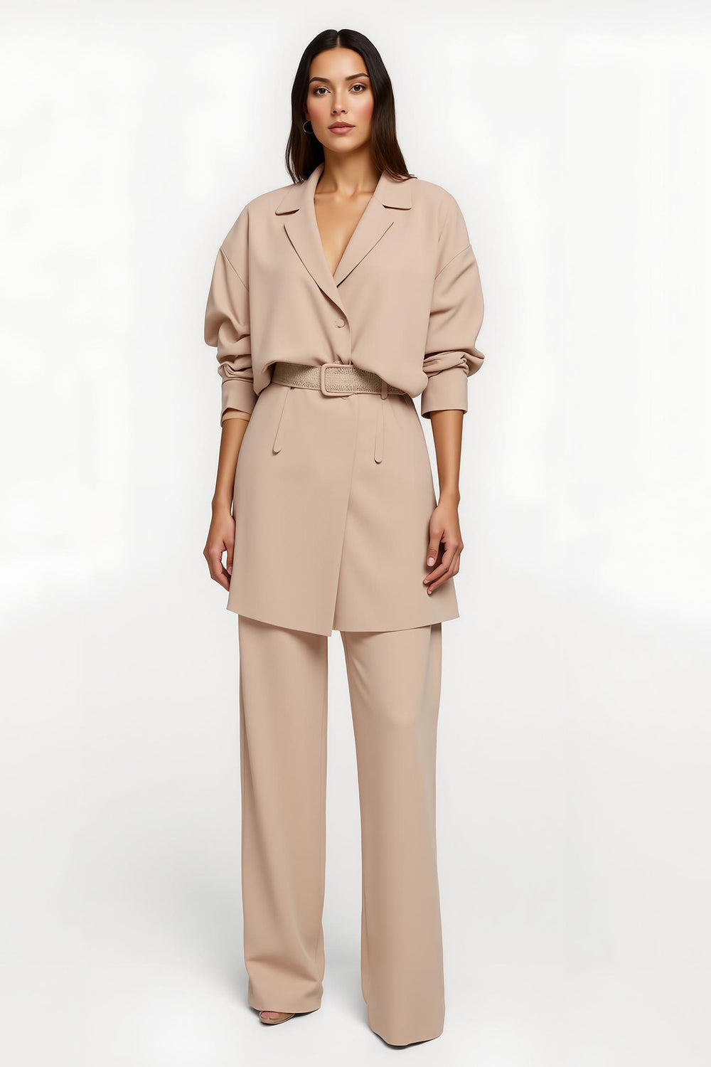 Apricot Satin 2 Piece Women Suits with Belt
