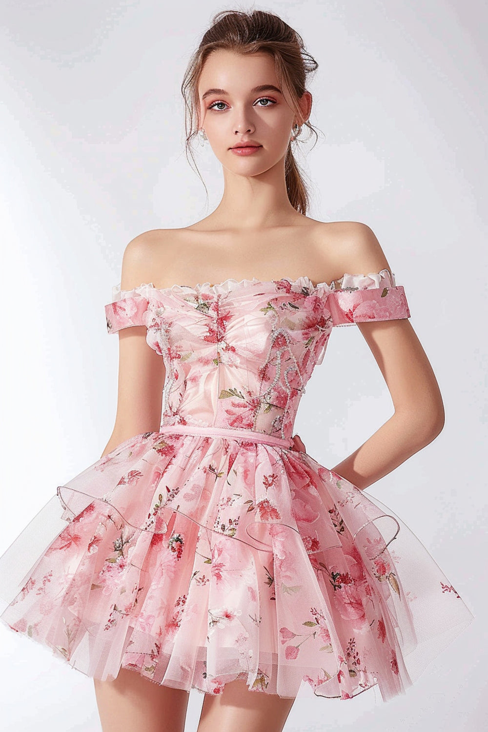 Pink Floral Tulle Off the Shoulder Short Homecoming Dress with Ruffles