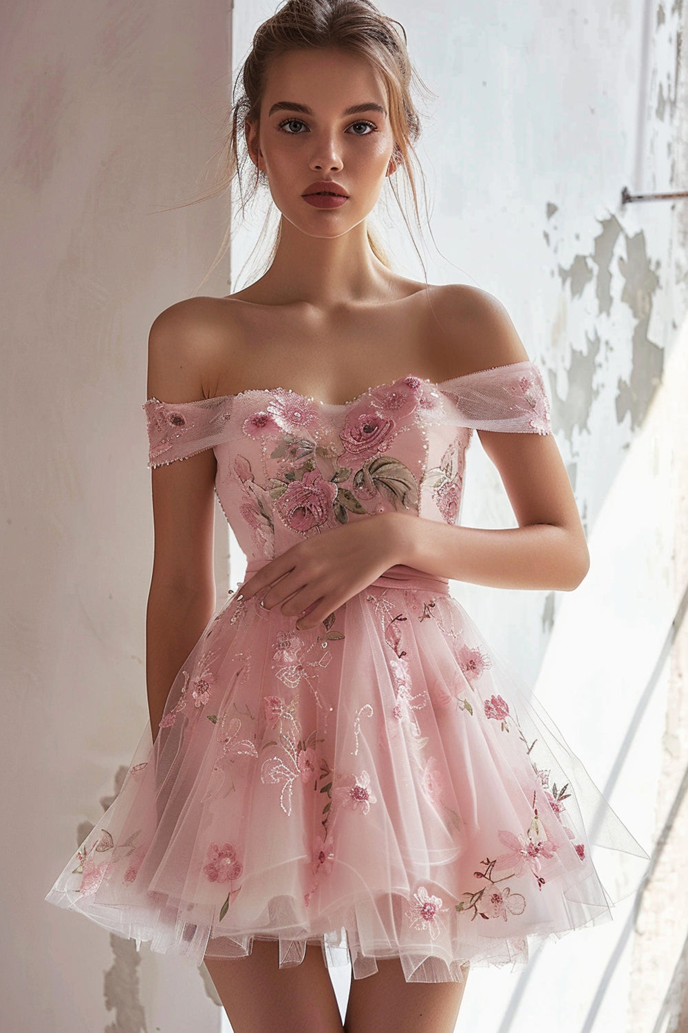 Pink Floral Embroidery Tulle Off the Shoulder Short Homecoming Dress