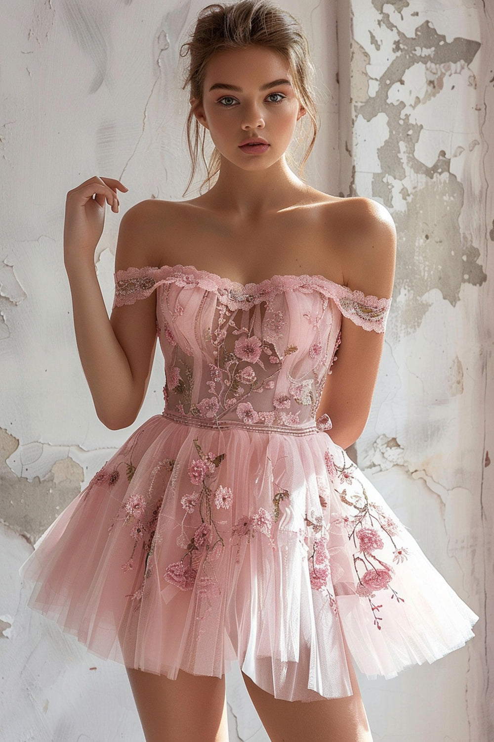 Pink Floral A Line Embroidery Short Homecoming Dress