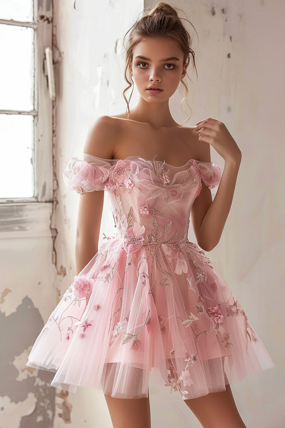 Pink Floral Off the Shoulder Short Homecoming Dress