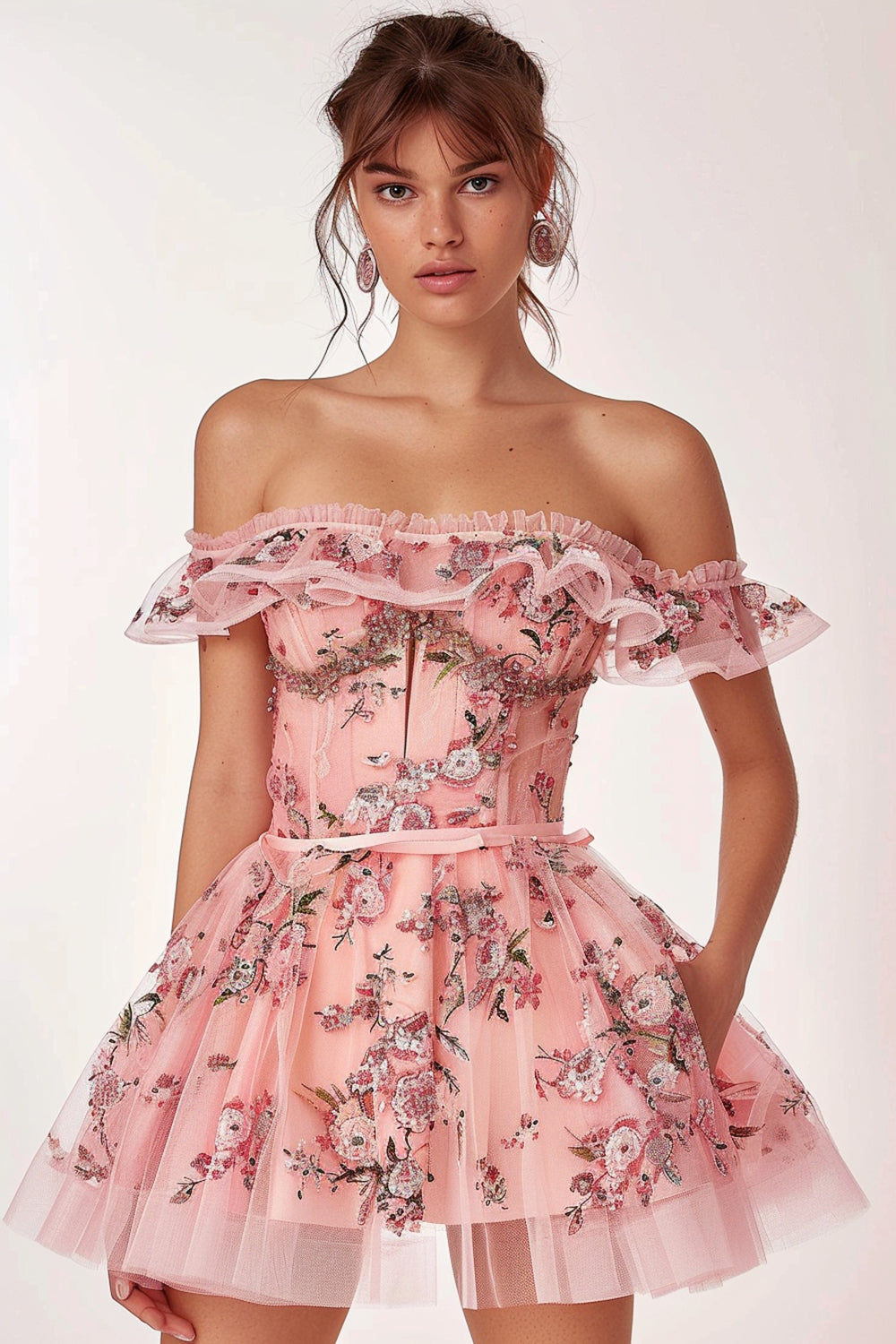 Pink Floral Corset Ruffled Short Homecoming Dress