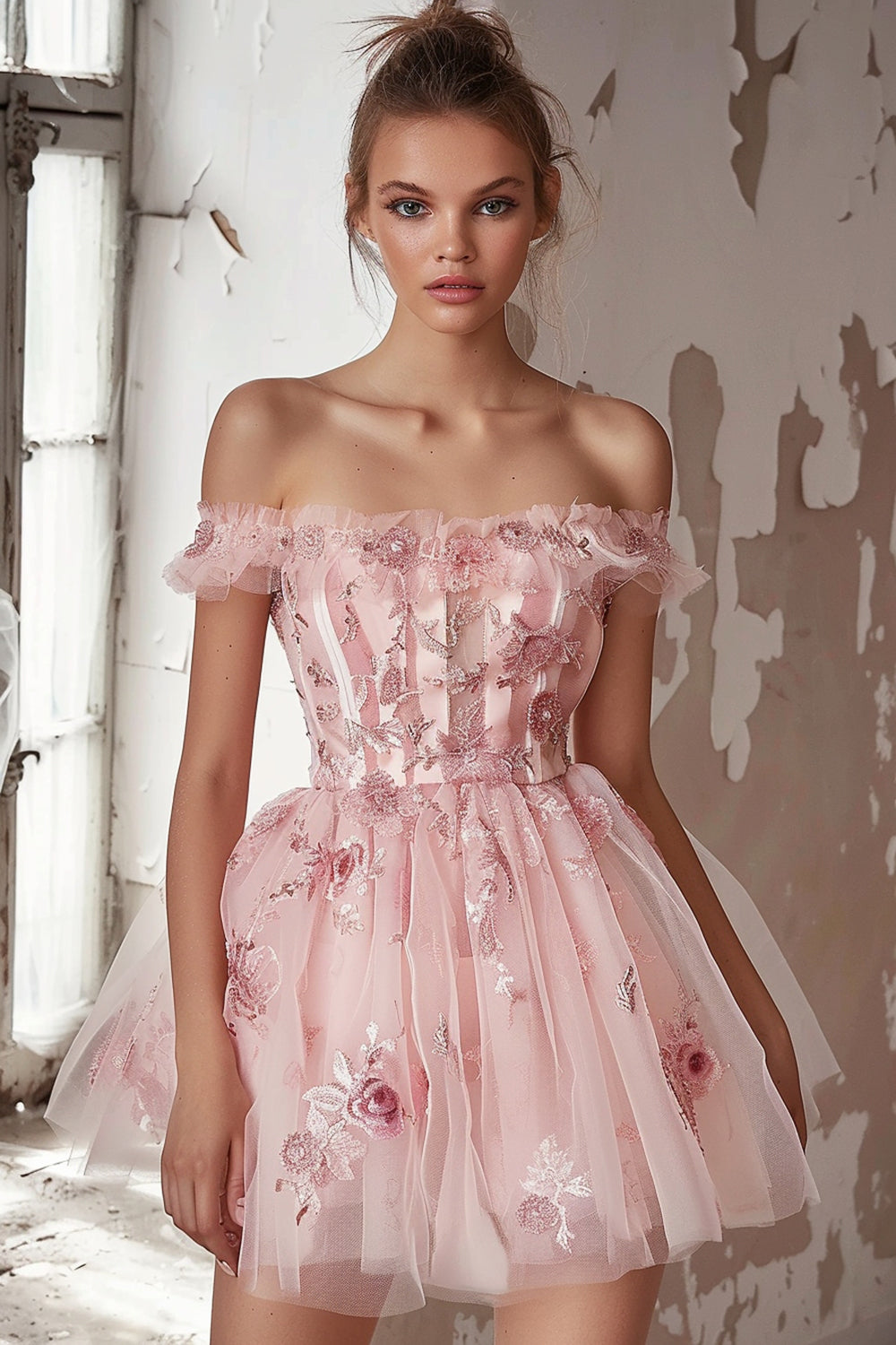 Pink Floral Off the Shoulder Embroidery Short Homecoming Dress with Ruffles