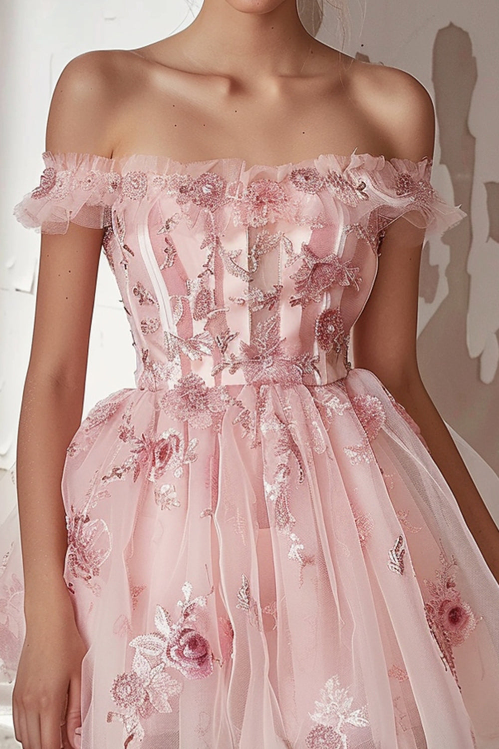 Pink Floral Off the Shoulder Embroidery Short Homecoming Dress with Ruffles