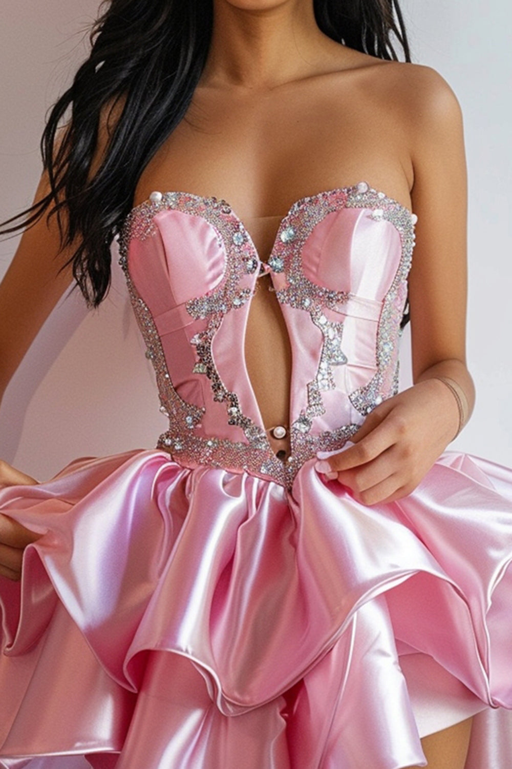 Sparkly Pink Satin Ruffled Short Homecoming Dress with Beading