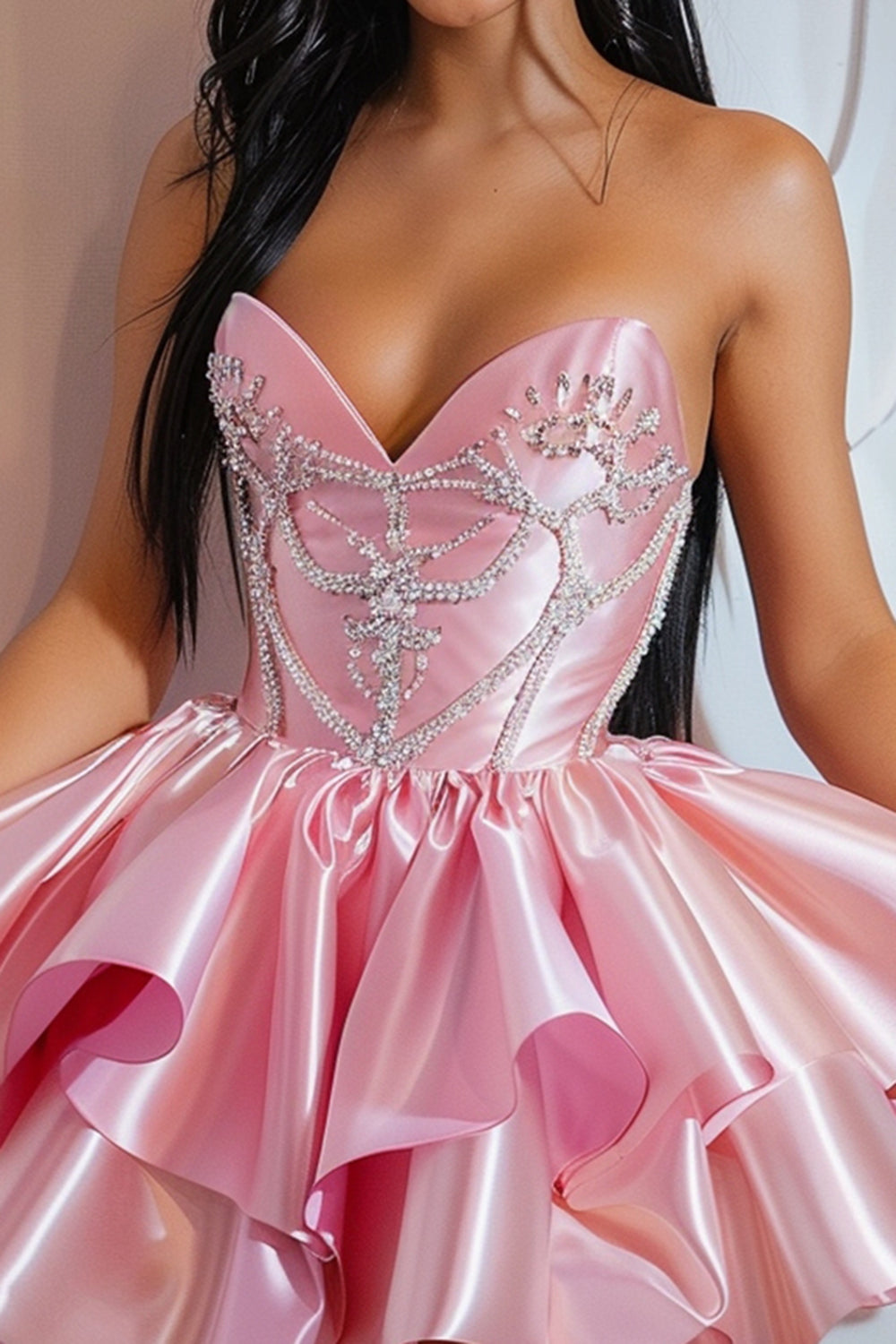 Sparkly Pink Satin Beaded Short Homecoming Dress with Ruffles
