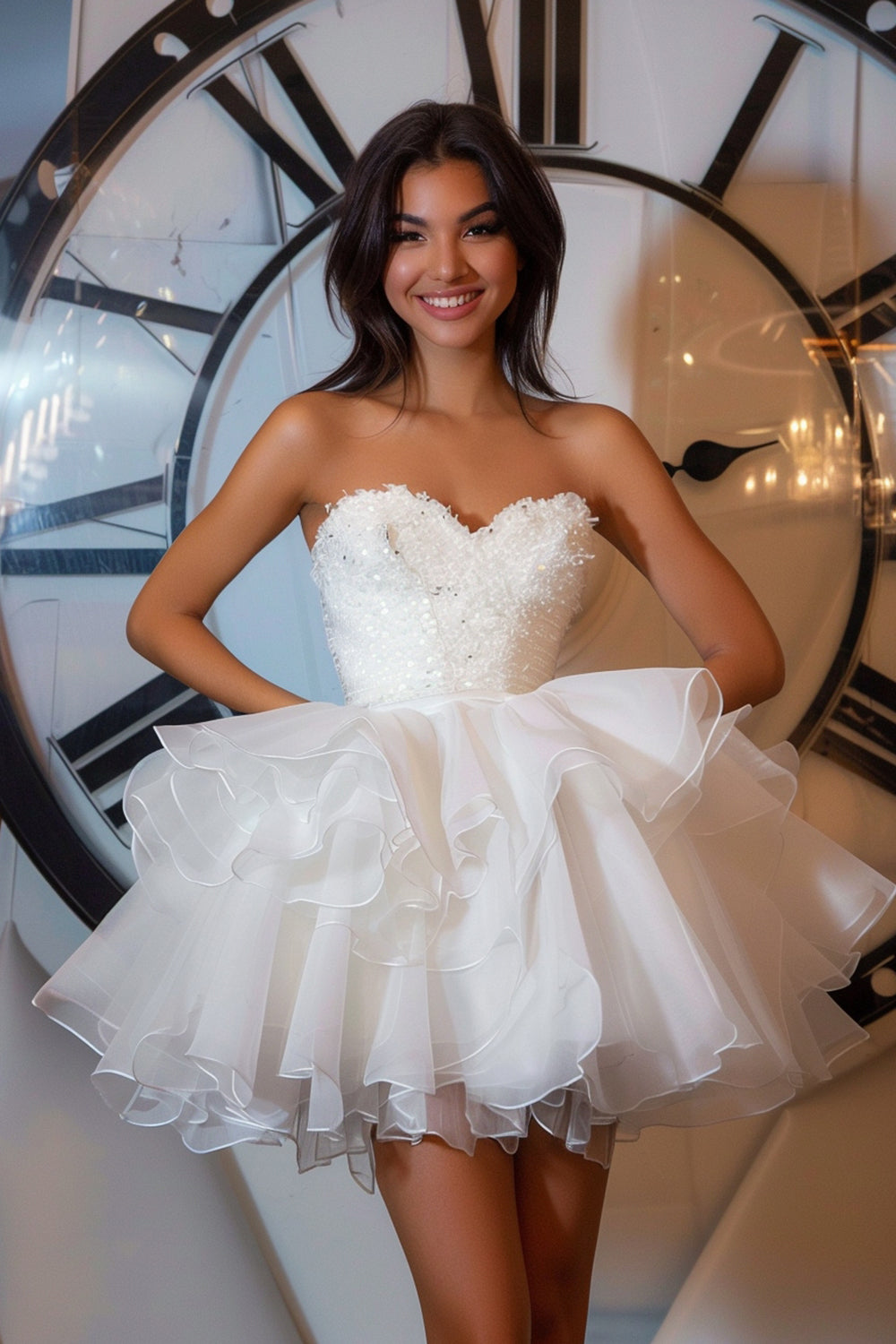 Strapless White Ruffled A Line Homecoming Dress