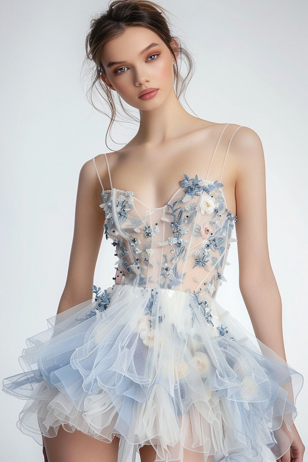White Blue Floral Spaghetti Straps A Line Homecoming Dress