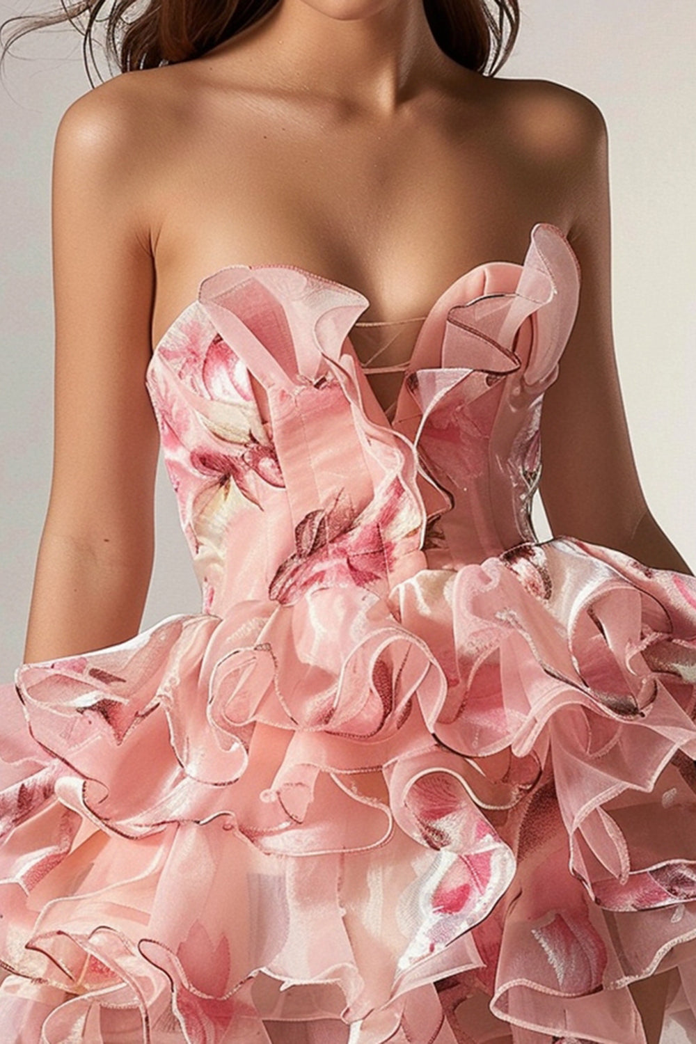 Ruffled Strapless A Line Pink Floral Homecoming Dress