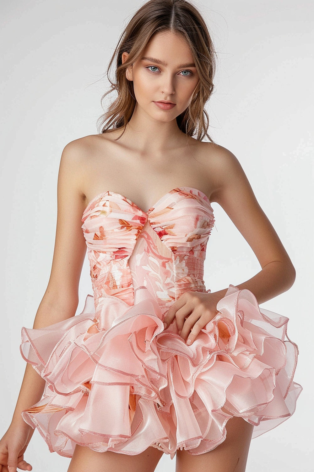 Floral Pink Strapless Homecoming with Ruffles