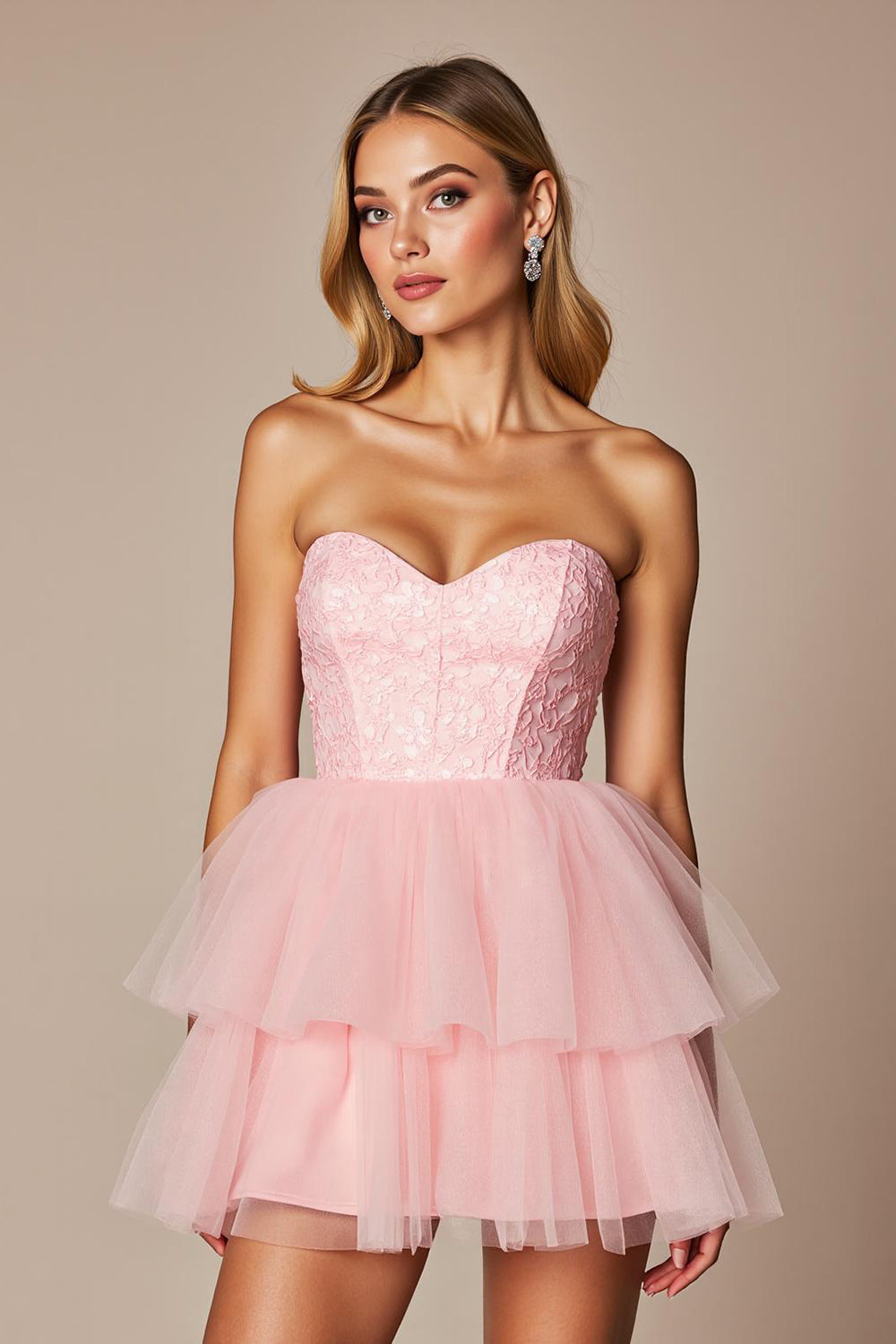 Pink Organza A Line Strapless Short Homecoming Dress with Ruffles