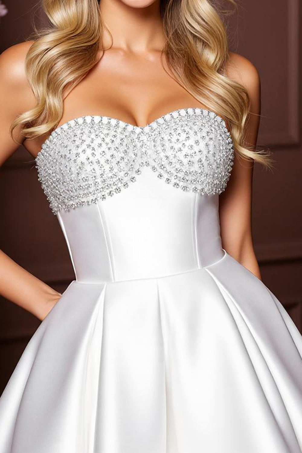 Strapless Satin A Line White Homecoming Dress with Rhinestone