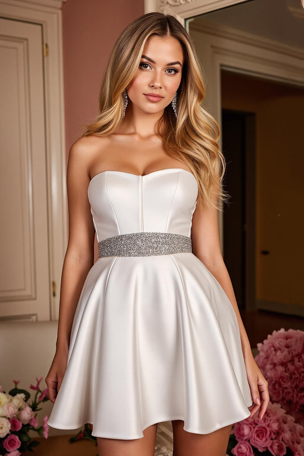 Satin A Line Strapless Short White Homecoming Dress with Rhinestone