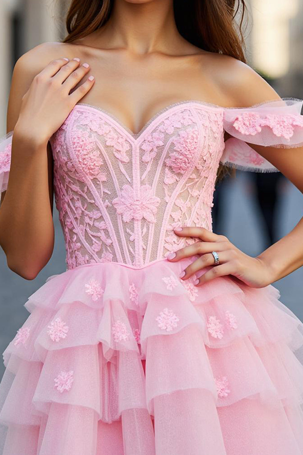 Tulle A Line Off the Shoulder Short Pink Homecoming Dress with Ruffles