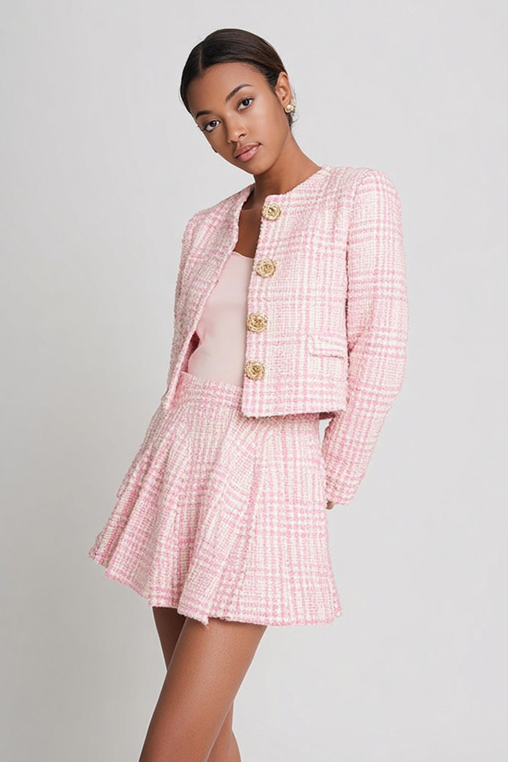 Pink A Line Short 2-Piece Tweed Homecoming Outfits