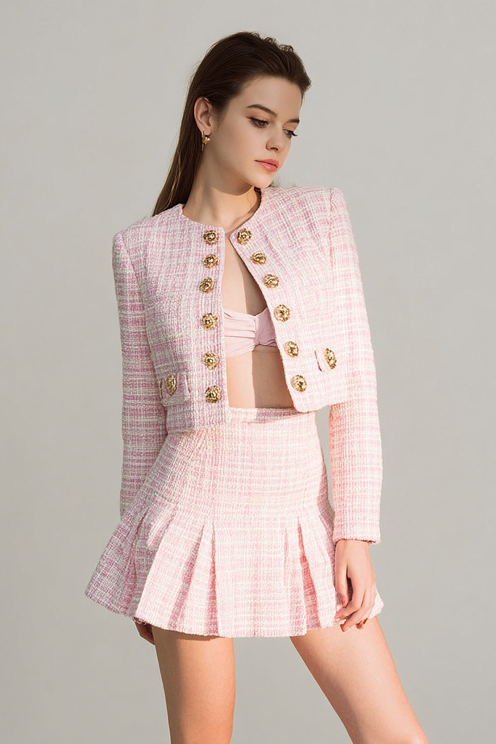 Tweed A Line Round Neck Short Pink Homecoming Outfits