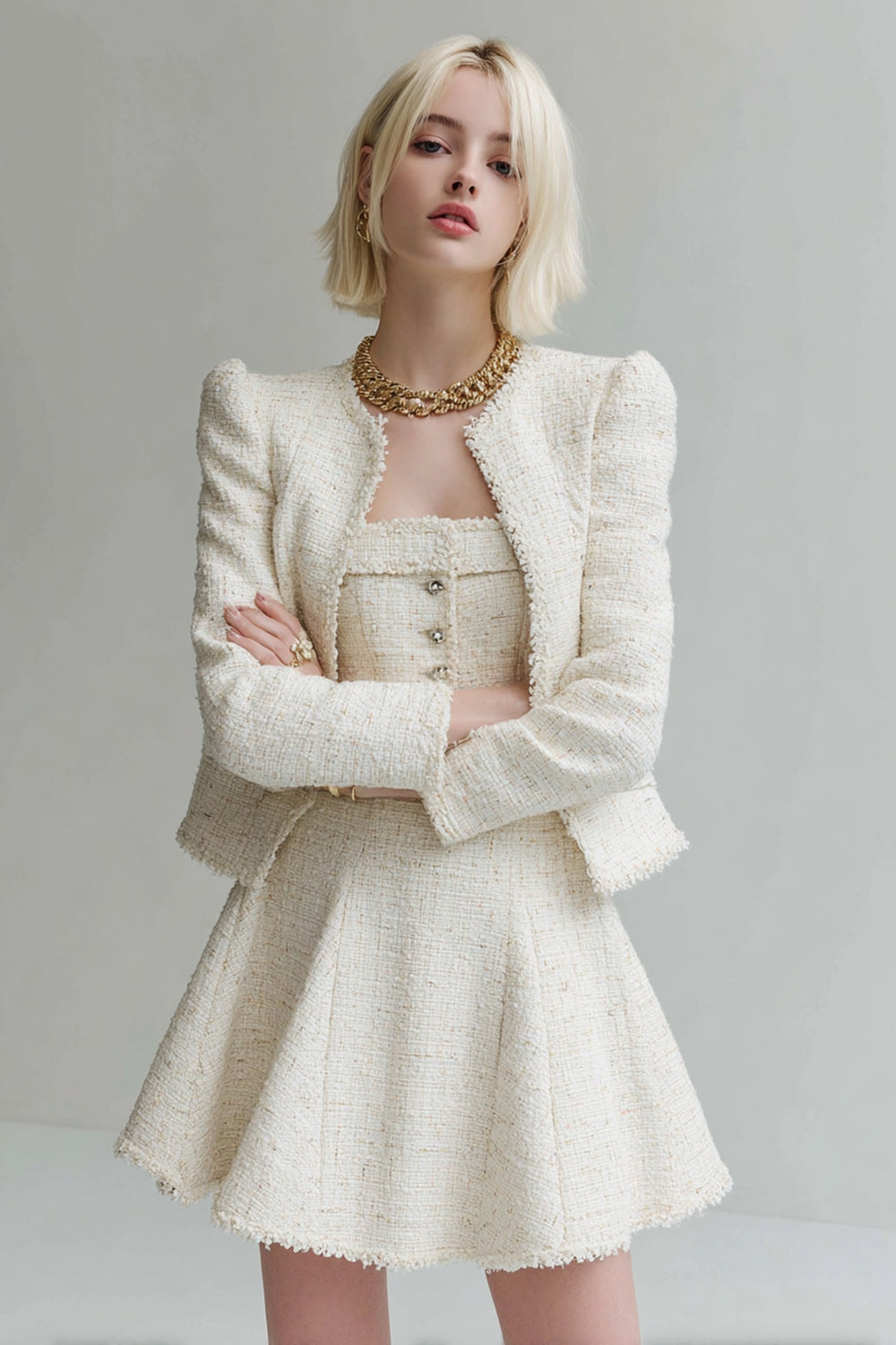 White Short Tweed A Line Round Neck Pageant Interview Outfits