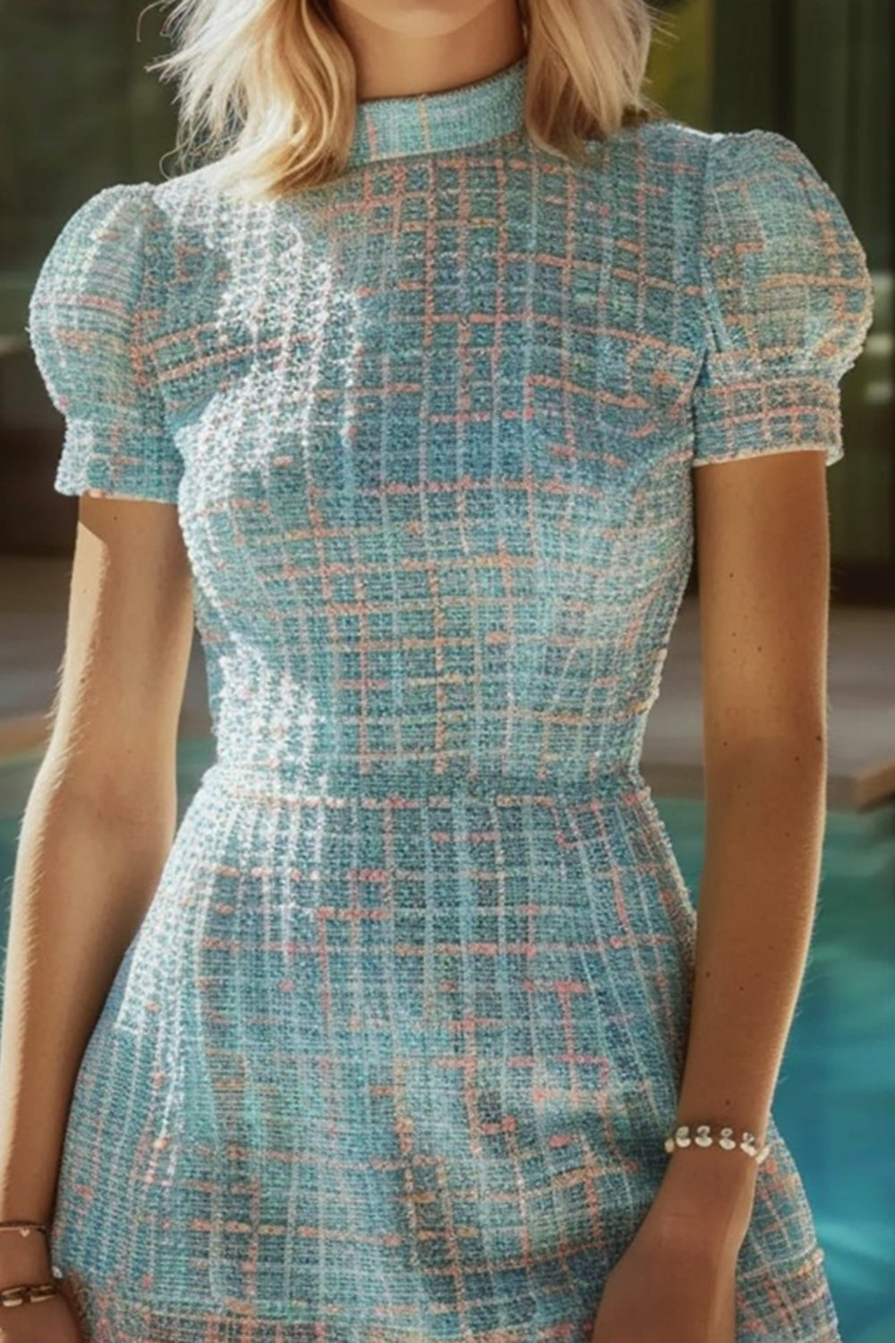Tweed A Line High Neck Short Blue Homecoming Dress