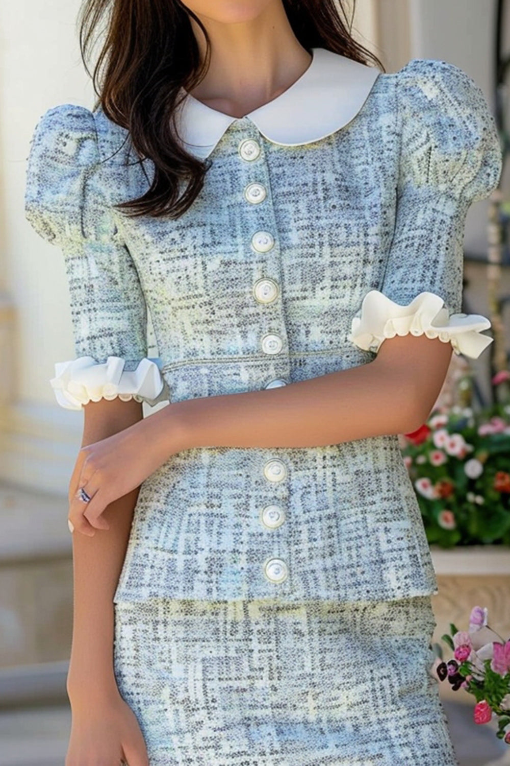 Blue Short Tweed Sheath Peter Pan Collar Homecoming Outfits