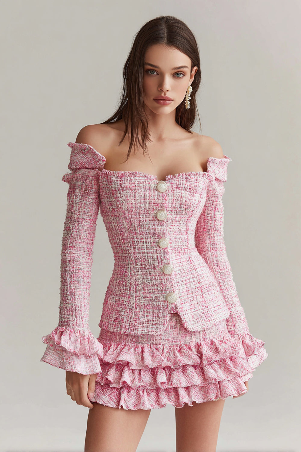 Pink Off the Shoulder 2-Piece Tweed A Line Homecoming Outfits with Ruffles