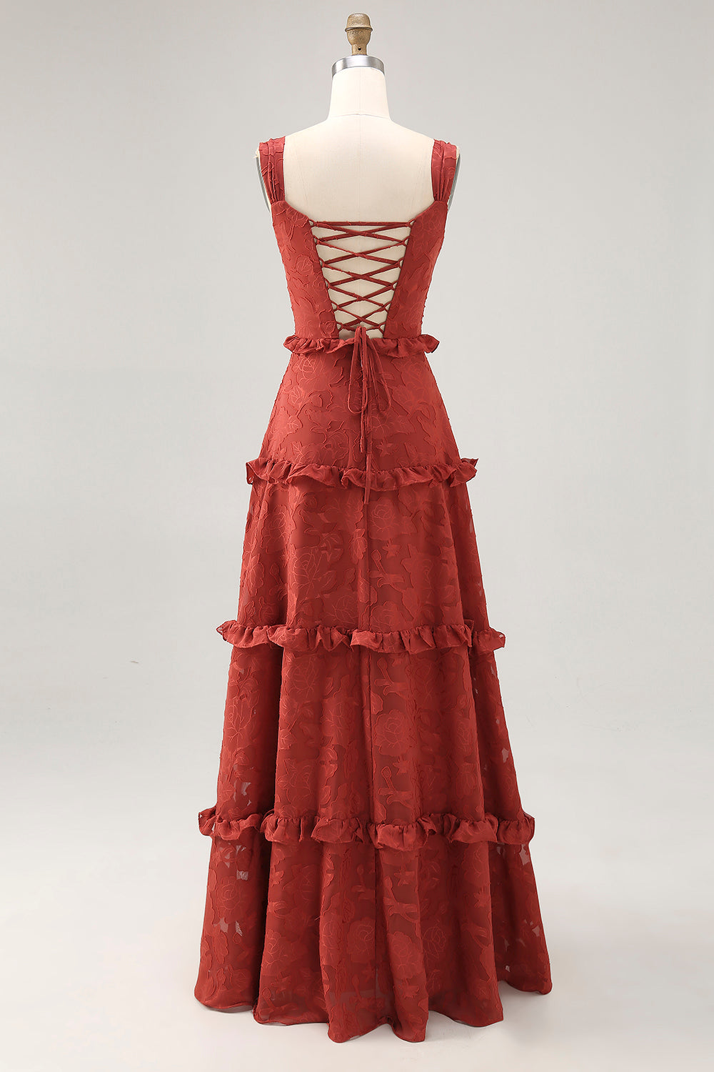 Floral Terracotta Ruffled A Line Long Wedding Guest Dress
