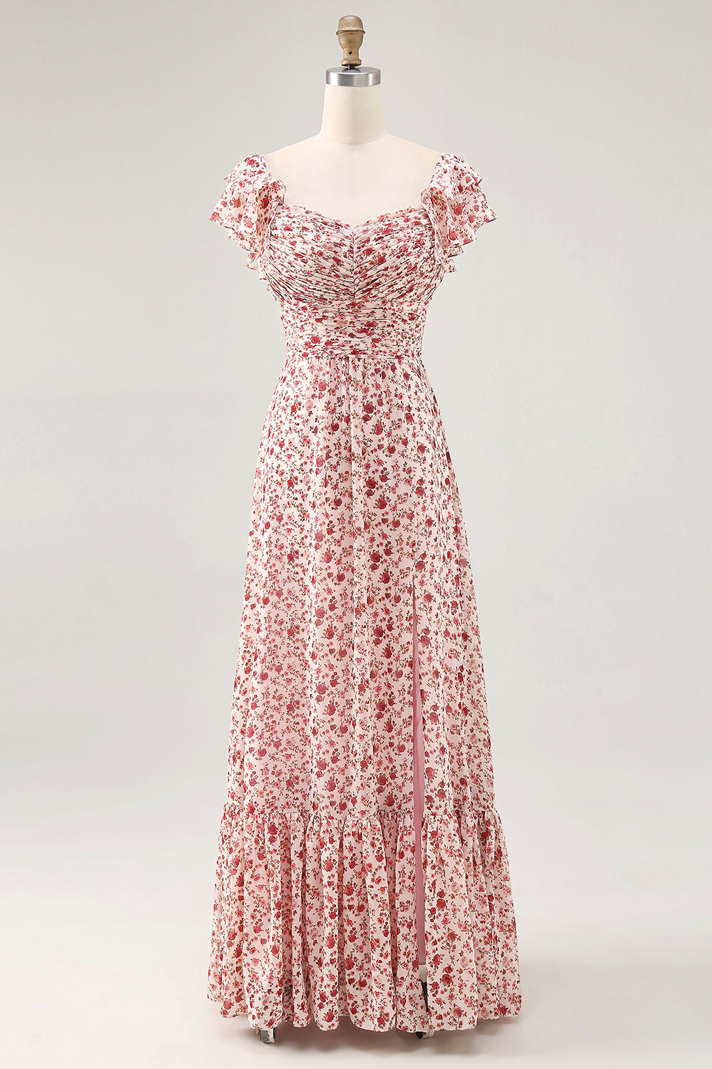 Blush Flower Printed Ruched A Line Wedding Guest Dress with Slit
