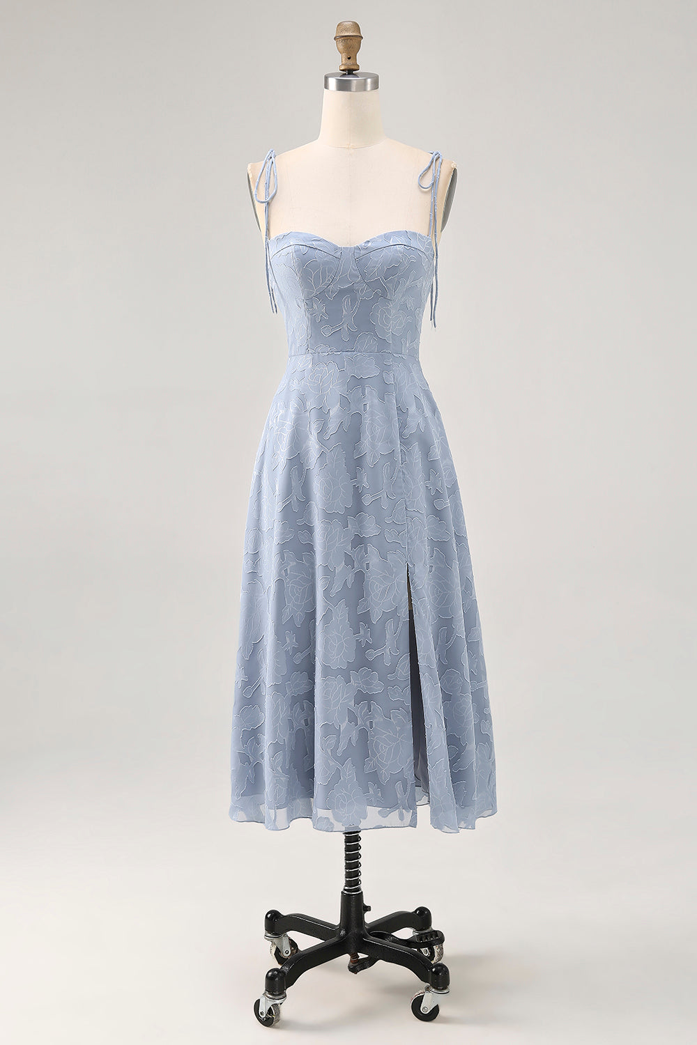 Dusty Blue A Line Midi Spaghetti Straps Wedding Guest Dress with Slit