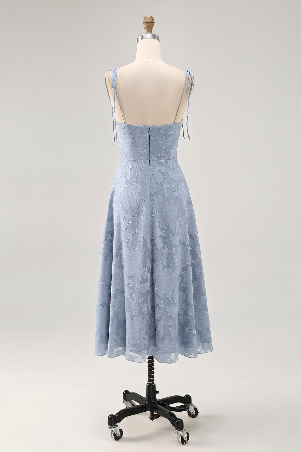 Dusty Blue A Line Midi Spaghetti Straps Wedding Guest Dress with Slit