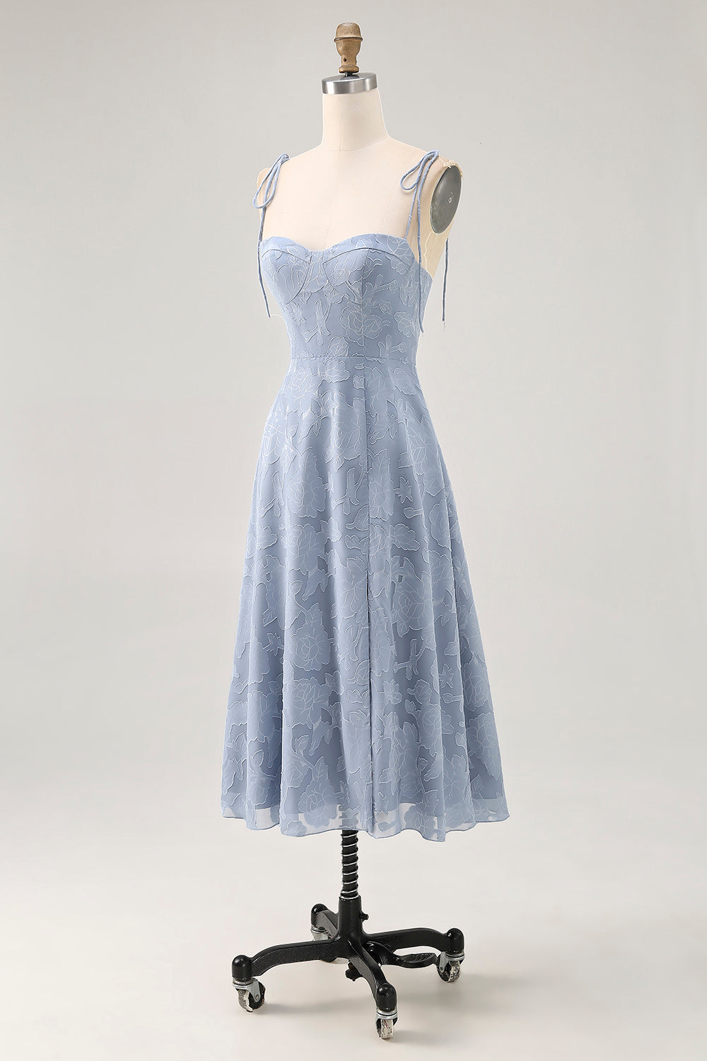 Dusty Blue A Line Midi Spaghetti Straps Wedding Guest Dress with Slit