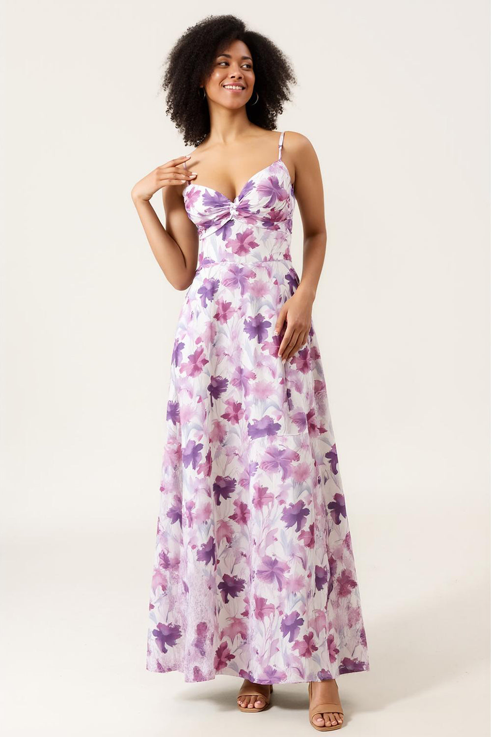 Purple Floral A Line Spaghetti Straps Printed Wedding Guest Dress