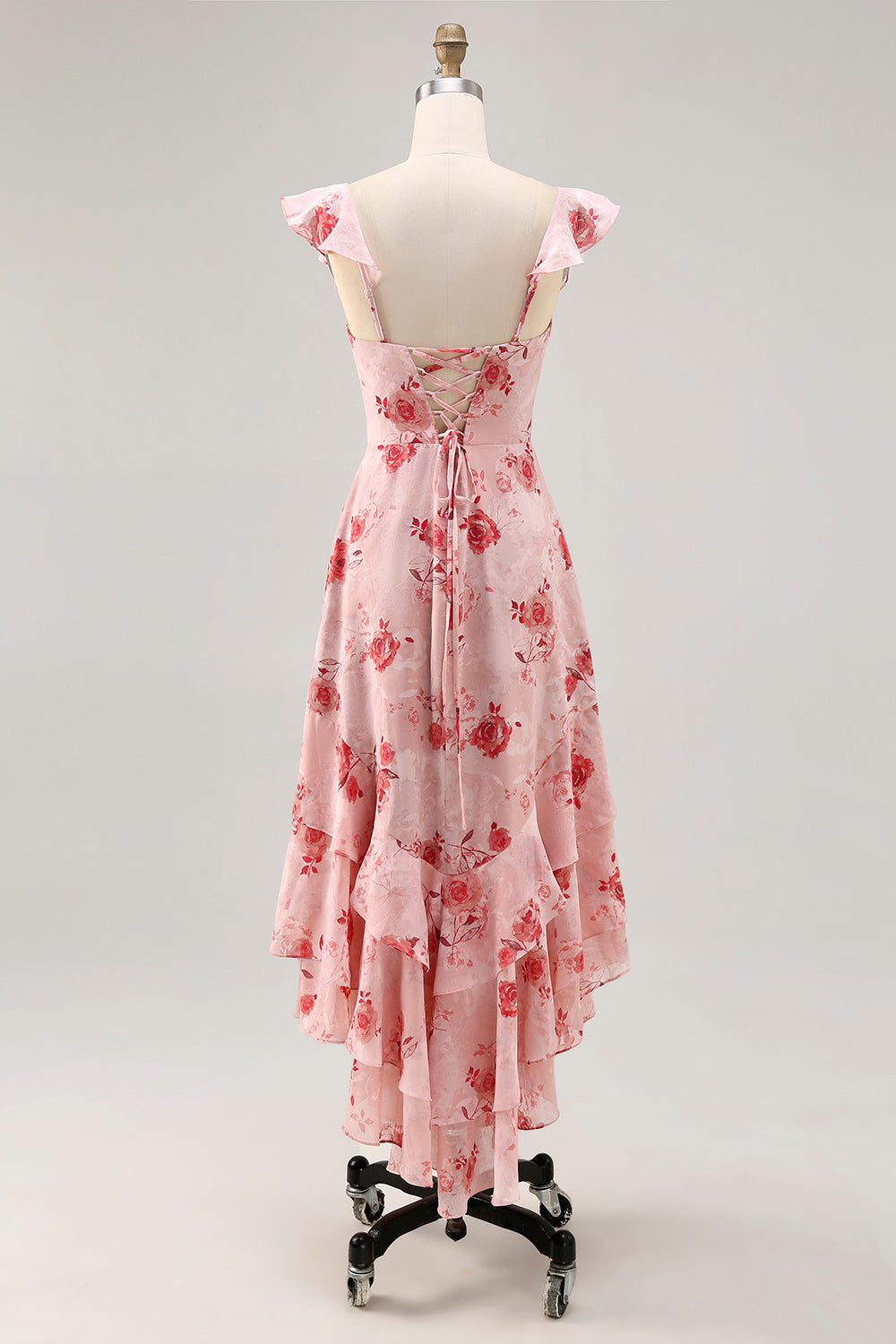 Blue Floral Printed A Line Ruffled Wedding Guest Dress