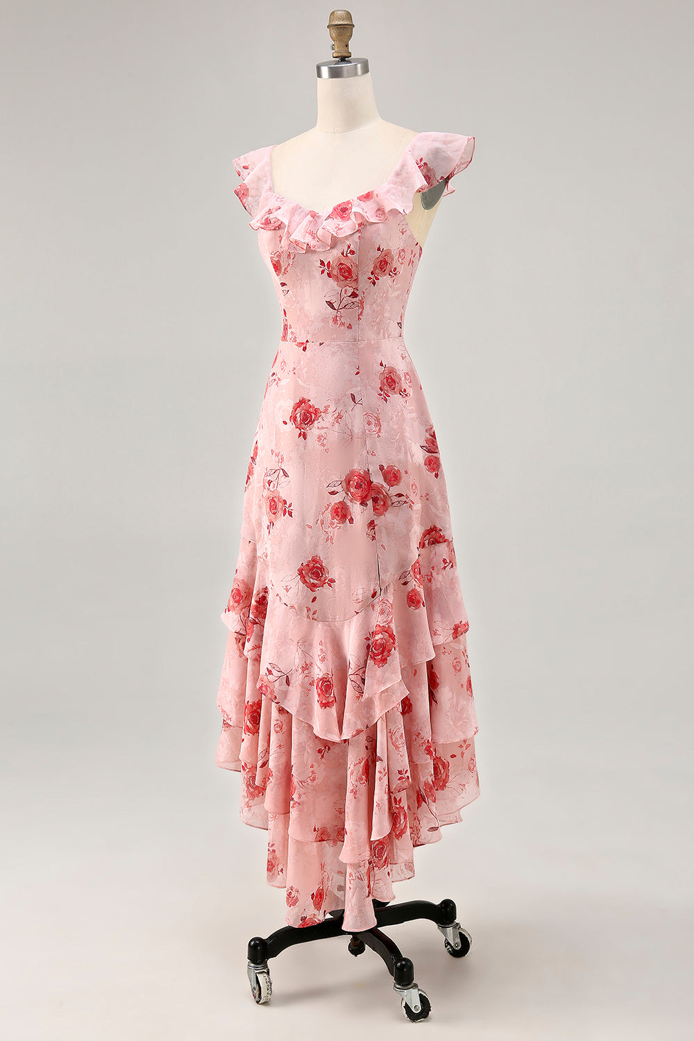 Blue Floral Printed A Line Ruffled Wedding Guest Dress