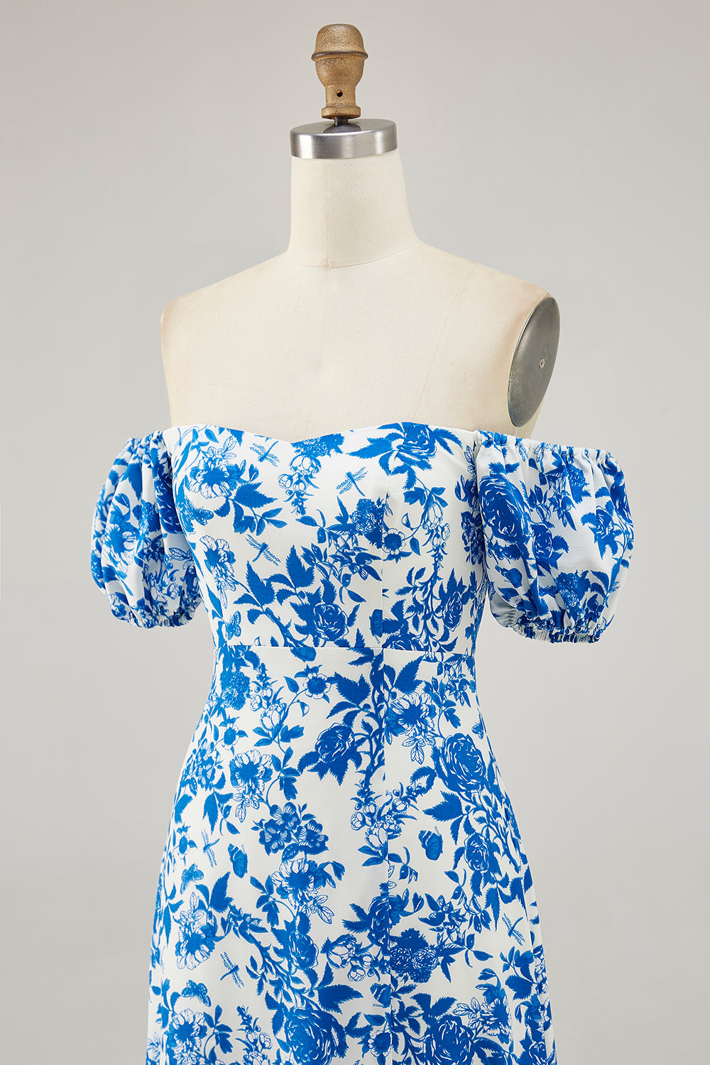 Off The Shoulder Blue Floral Printed Wedding Guest Dress with Slit