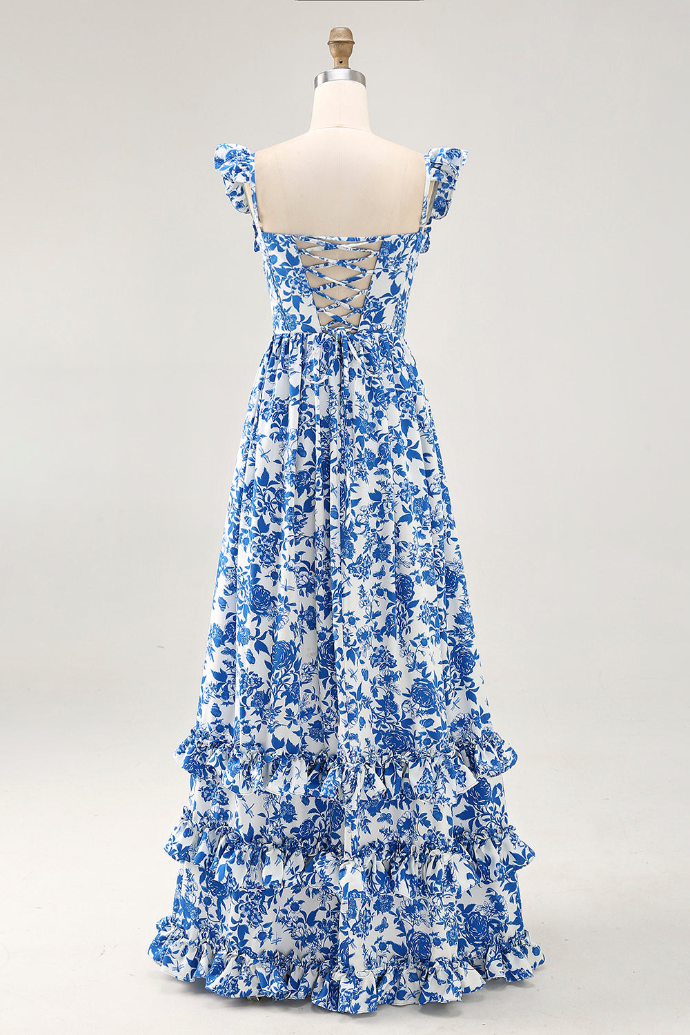 Off The Shoulder Ruffled Printed Blue Wedding Guest Dress with Slit