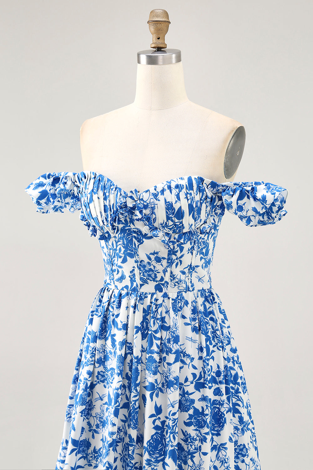 Off The Shoulder Ruffled Printed Blue Wedding Guest Dress with Slit